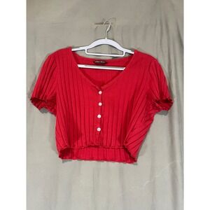 SHEIN Womens Red Ribbed Henley Top Short Sleeve Button Front Size XL US 12‎